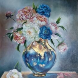 Oilpainting Piony . Spring flower bouquet.